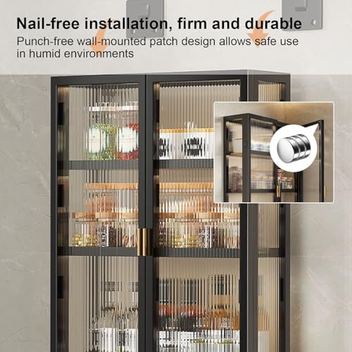 Wall-Mounted Kitchen Storage Cabinet, Punch-Free, Dust-Proof Spice Rack with Acrylic Door & Shelf, Black Wall Cabinet for Organized Cooking Space (69.5 * 50 * 1 cm)