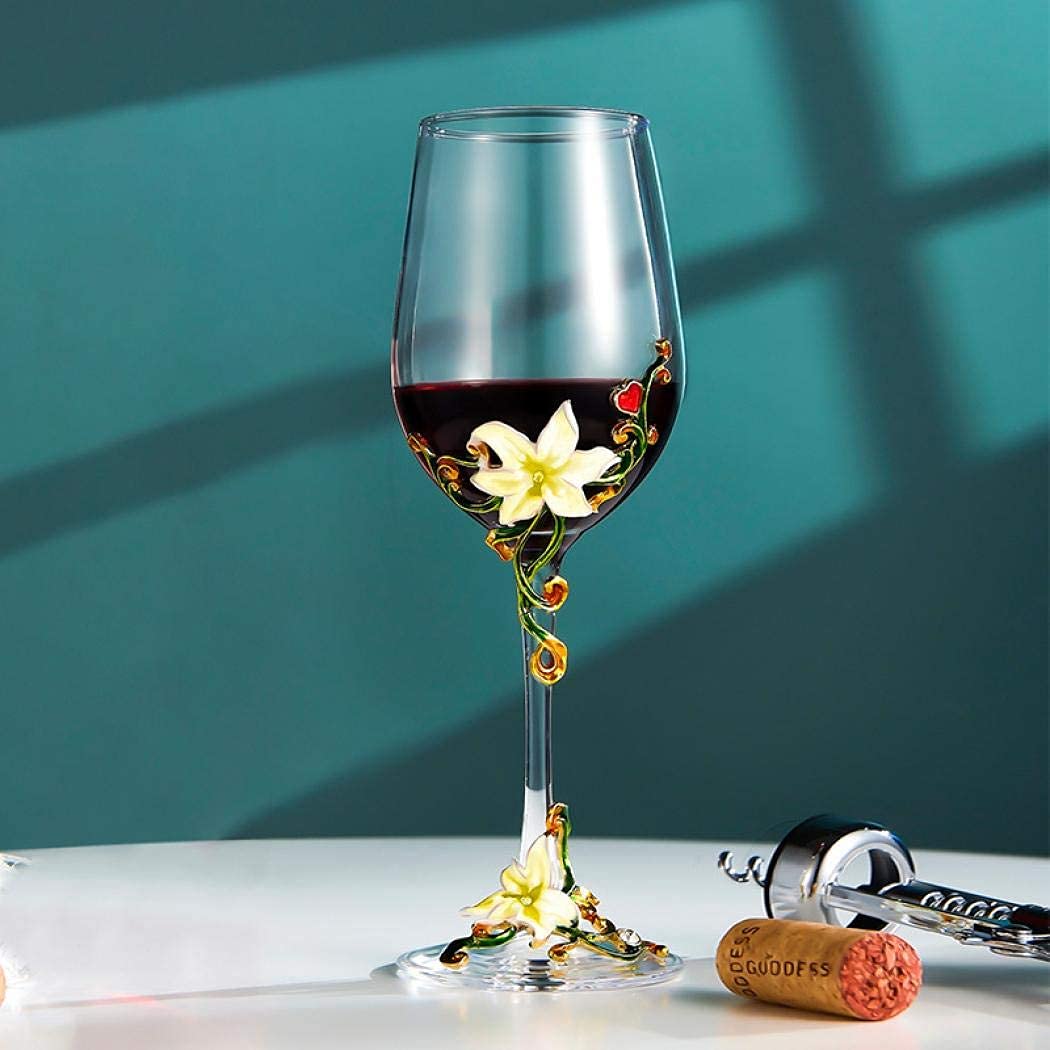 XUDREZ Painted Enamel Flower Lead-Free Wine Glasses,320ml/10.8 OZ Red/White Crystal Wine Glasses (Yellow Cup Lily) - Image 3