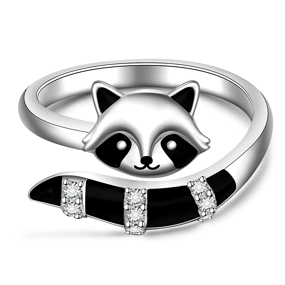 Anillos de mapache ajustables para mujeres, adolescentes, niñas, de plata de ley, lindos y divertidos anillos abiertos de animales, regalos de joyería para amantes del mapache, talla 8