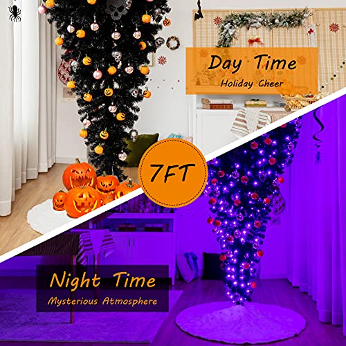 Goflame 7Ft Upside Down Pre-Lit Artificial Christmas Tree, Black Halloween Tree W/ Lights & Decorations, Inverted Christmas Tree, Festive Decoration Tree For Home, Office, School, Theme Party #TOP4
