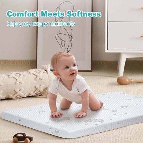 Image of Pack and Play Mattress, Dual Sided Memory Foam 38x26x3 Inch, Stars and Moon