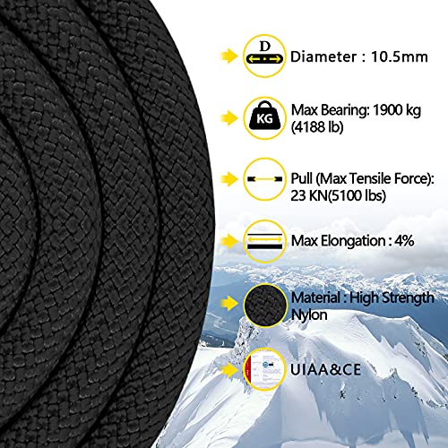 AOLEBA 10.5 mm Static Climbing Rope 10M(32ft) 20M(64ft) 30M(96ft) Outdoor Rock Climbing Rope, Escape Rope Ice Climbing Equipment Fire Rescue Parachute Rope（Black-32FT） - Thumbnail 4