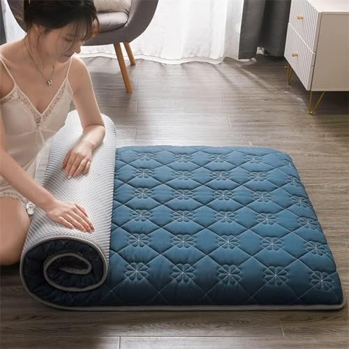 Suelo japonés plegable, cama de matrimonio (90 x 200 cm), azul, almohadilla de dormir enrollable, ahorra espacio, ropa de cama tailandesa perfecta para espacios pequeños