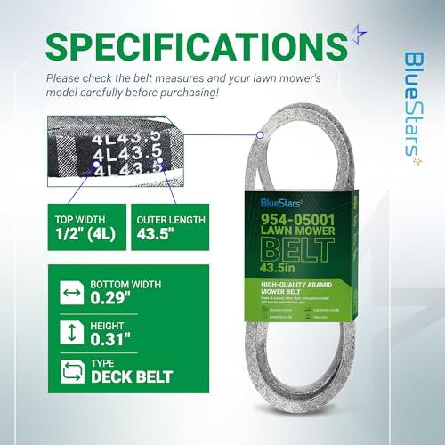 Image of BlueStars 954-05001 Deck Belt | Aramid Cord Belt | 1 /2 inch x 43.5 inch | For 30 inch Deck Cub Cadet TB30R TB30 CC30 CR30 Craftsman R110 R1000 Lawn Mowers Replaces CMXGZAM501065 490-501-C065 490-501-M065