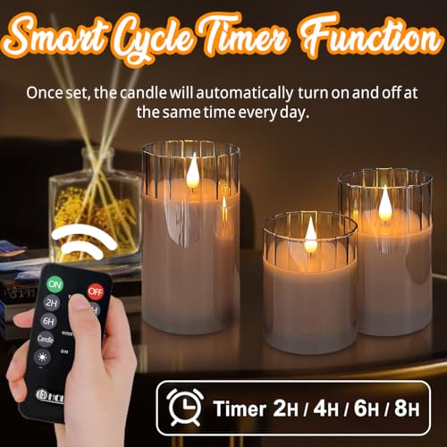 Image of LEDHOLYT Rechargeable Flameless Candle, Flashing LED Pillar Real Wax Candle with Remote Control and Timer, Grey Stripes Glass Electronic Candles for Room Decoration, 1 Set of 3