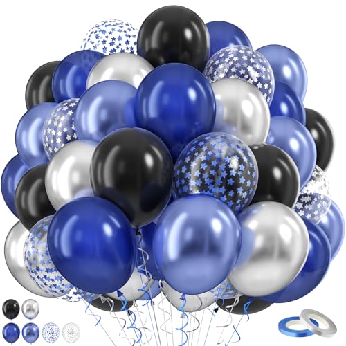 Image of Navy Blue Silver Balloons, 60 Pcs Metallic Pearl Night Blue Black Balloons, 12 Inch Silver Star Confetti Balloon Helium for Graduations Boys Birthday Wedding Anniversary Retirement Party Decorations