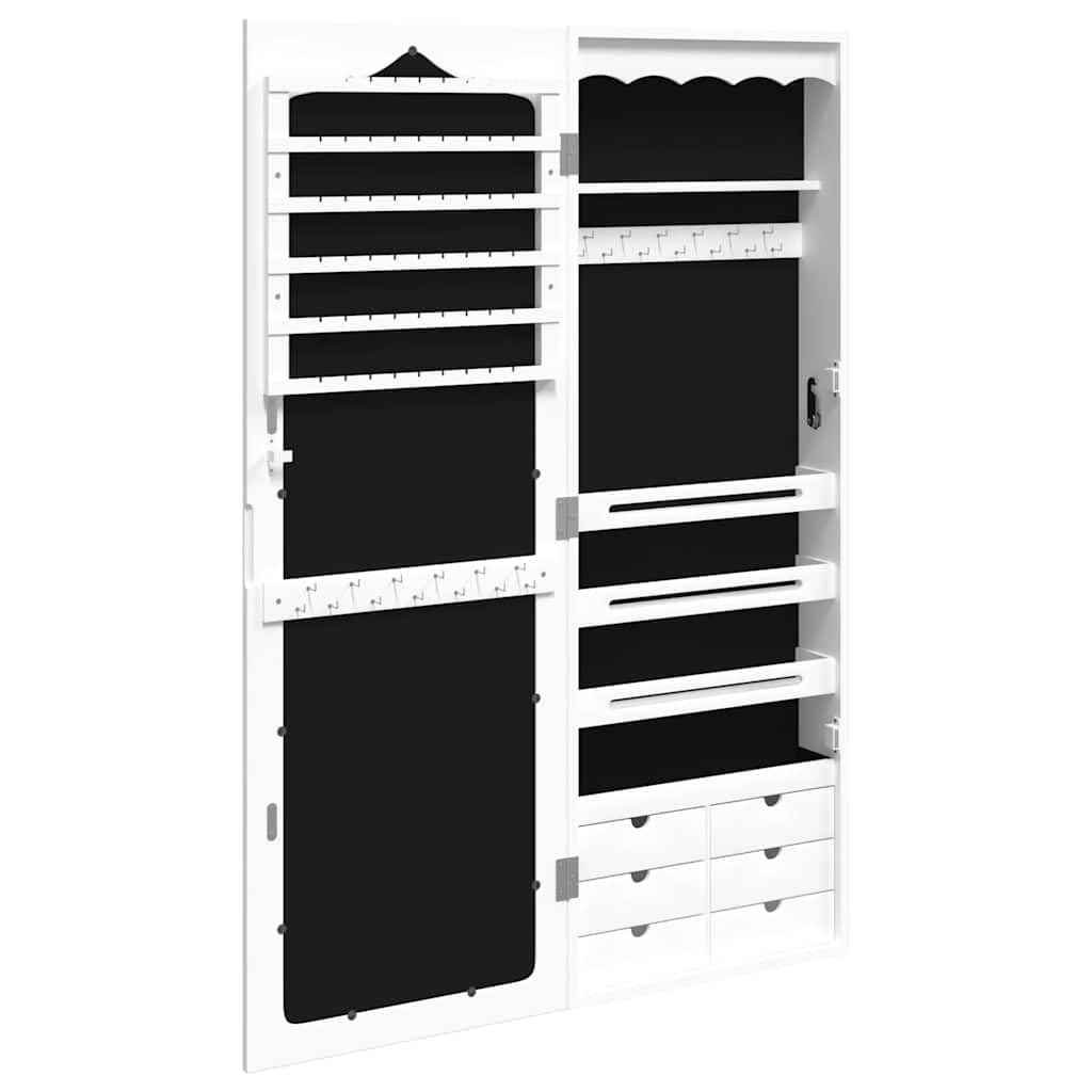 Szafka na biżuterię z lustrem, biała, materiał drewnopochodny, 37,5 x 10 x 106 cm, zamykana, montaż ścienny z kluczem i miejscem do przechowywania biżuterii, kosmetyków, łazienki, sypialni