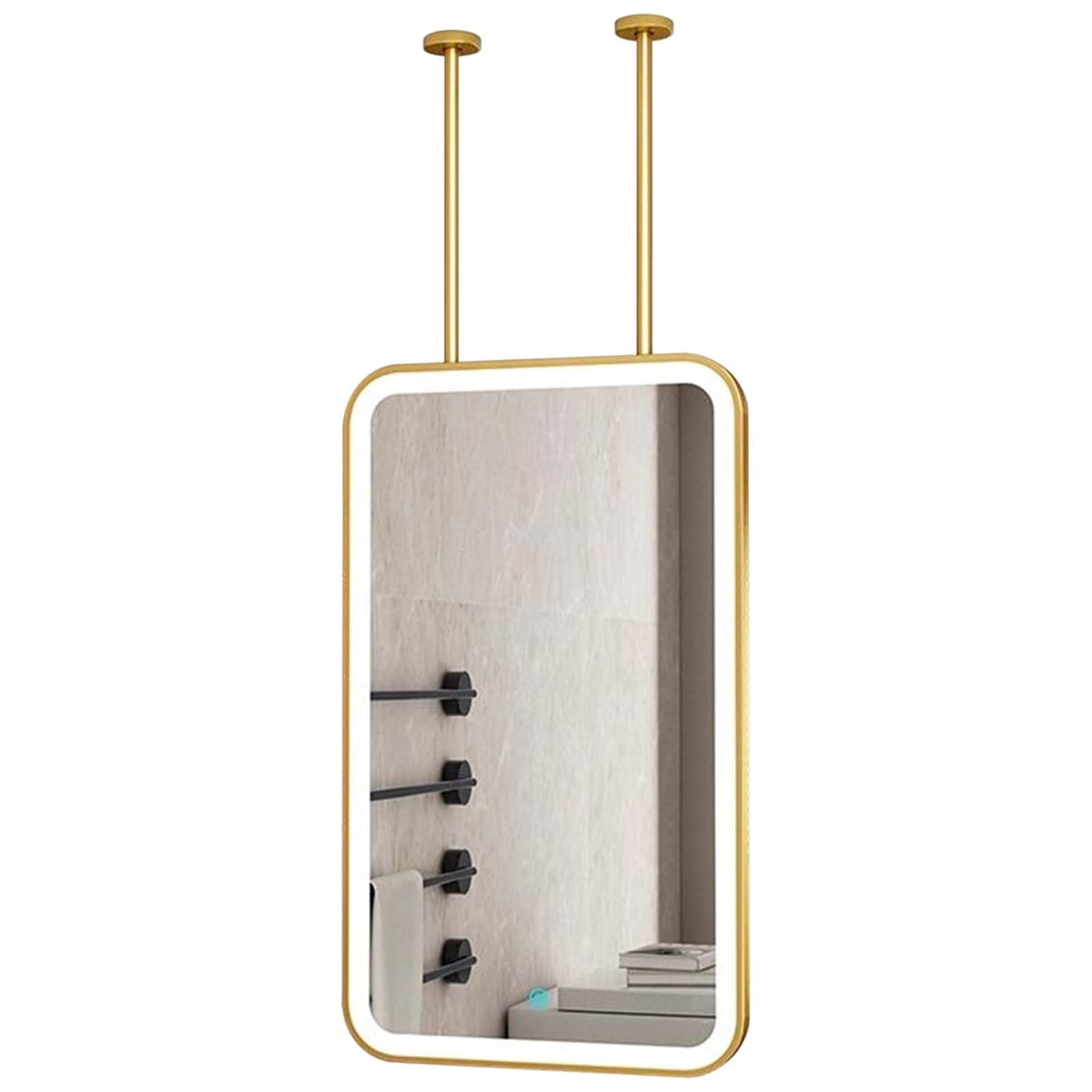 Metalowe, prostokątne lustro sufitowe z drążkiem wiszącym, lustro LED – ściemnialne, 3 tryby, wiszące lustro łazienkowe, złote (50 cm x 70 cm)