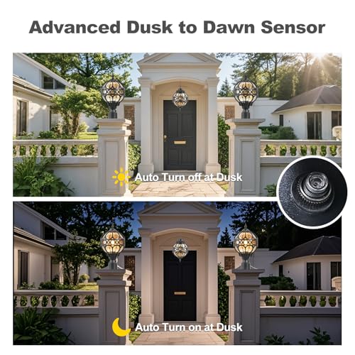 Dusk to Dawn Globe Outdoor Post Light for Lawn Patio Yard Driveway, Black Sphere Outside Lamp Post Light, Pier Mount Post Lantern Lighting Fixtures, Soccer Ball Exterior Pole Post Light(1 Pack)