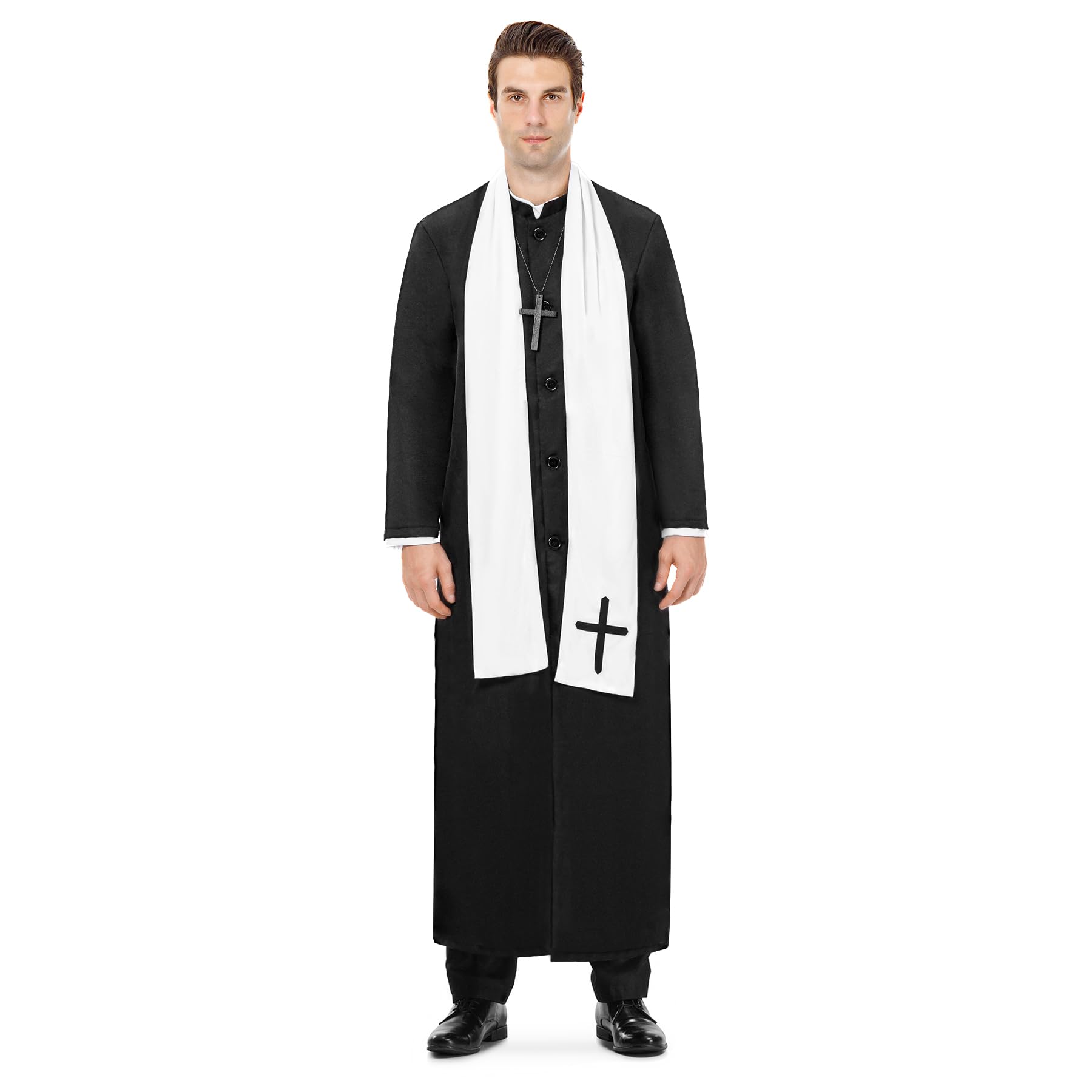 CosExpertPriest Costume for Men, Priest Halloween Costumes for Men Adult Priest Robe Outfit Priest Cross Necklace for Men Costume with Priest Collar and Priest Scarf