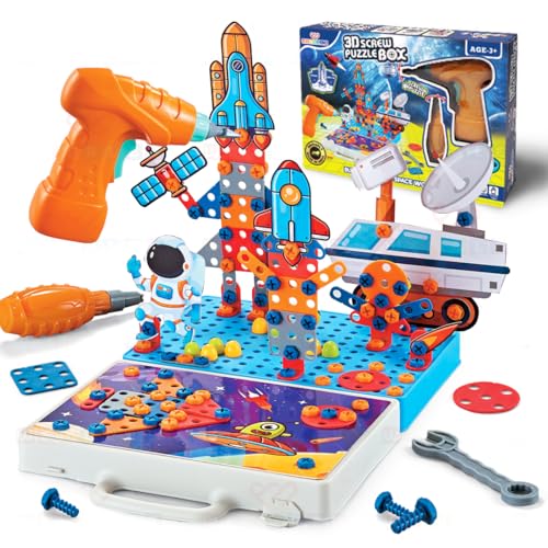 Image of Wembley 4 in 1 Toy Drill Screw Tool Set for Kids 3 4 5 6 7+ 3D Puzzle Box STEM Learning DIY Building Block Kit Creativity Educational Construction Promotes Motor Skills - Space Theme