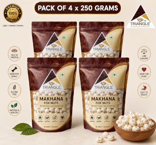 Image of Triangle Makhana 1 Kg | Plain Phool Makahna Foxnuts | Medium Size | No added Preservatives & No artificial Flavours | High Protein & Fiber| Handpicked | Pack of 4 X 250 Grams