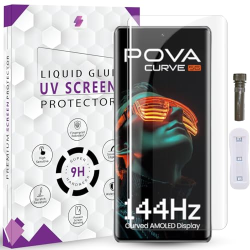 Image of Advanced HD+ UV Tempered Glass Screen Protector For Tecno Pova Curve 5G (6.78 Inch, Pack of 1) Full Adhesive HD+ UV Curved Screen Guard, Case Friendly with installation kit & Guide