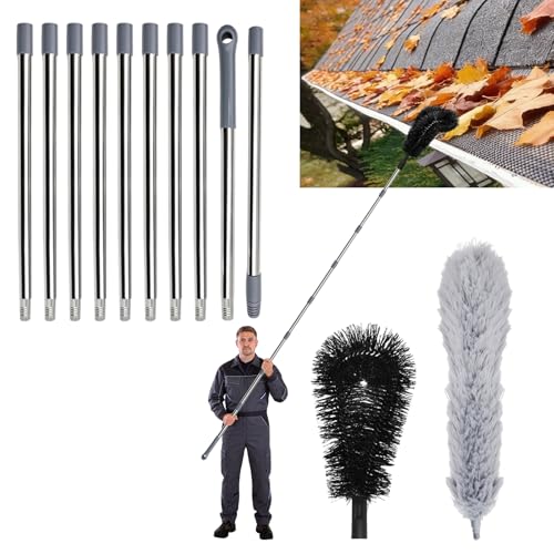 MospdyGear Gutter Cleaning Tools 4M with 10 Section Adjustable Gutter Cleaners with 2 Brushes Clears Leaves & Branches from Safe Ground Level Ideal for for Homeowners & DIYers
