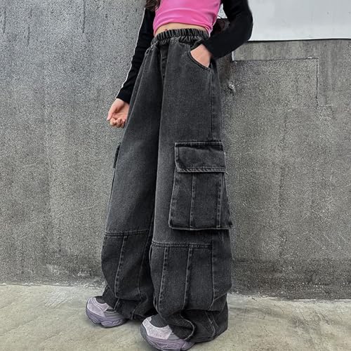 Teens Girls Cargo Denim Jeans Little Girl Baggy Y2k Wide Leg Long Pants Pockets Kids Vintage Grunge Hip Hop Punk Streetwear3