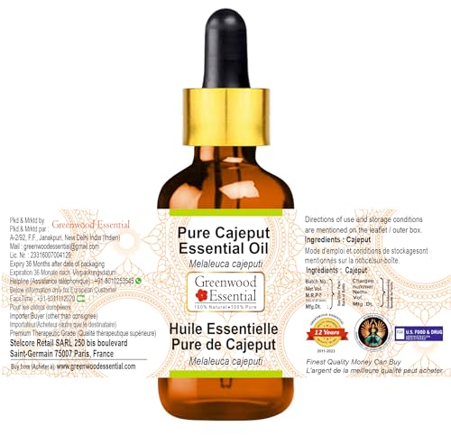 Image of Greenwood Essential Cajeput Essential Oil (Melaleuca cajeputi) with Glass Dropper Pure | Non-Sticky | Non-greasy | Lightweight | Men & Women | All Skin Types | Steam Distilled 10ml