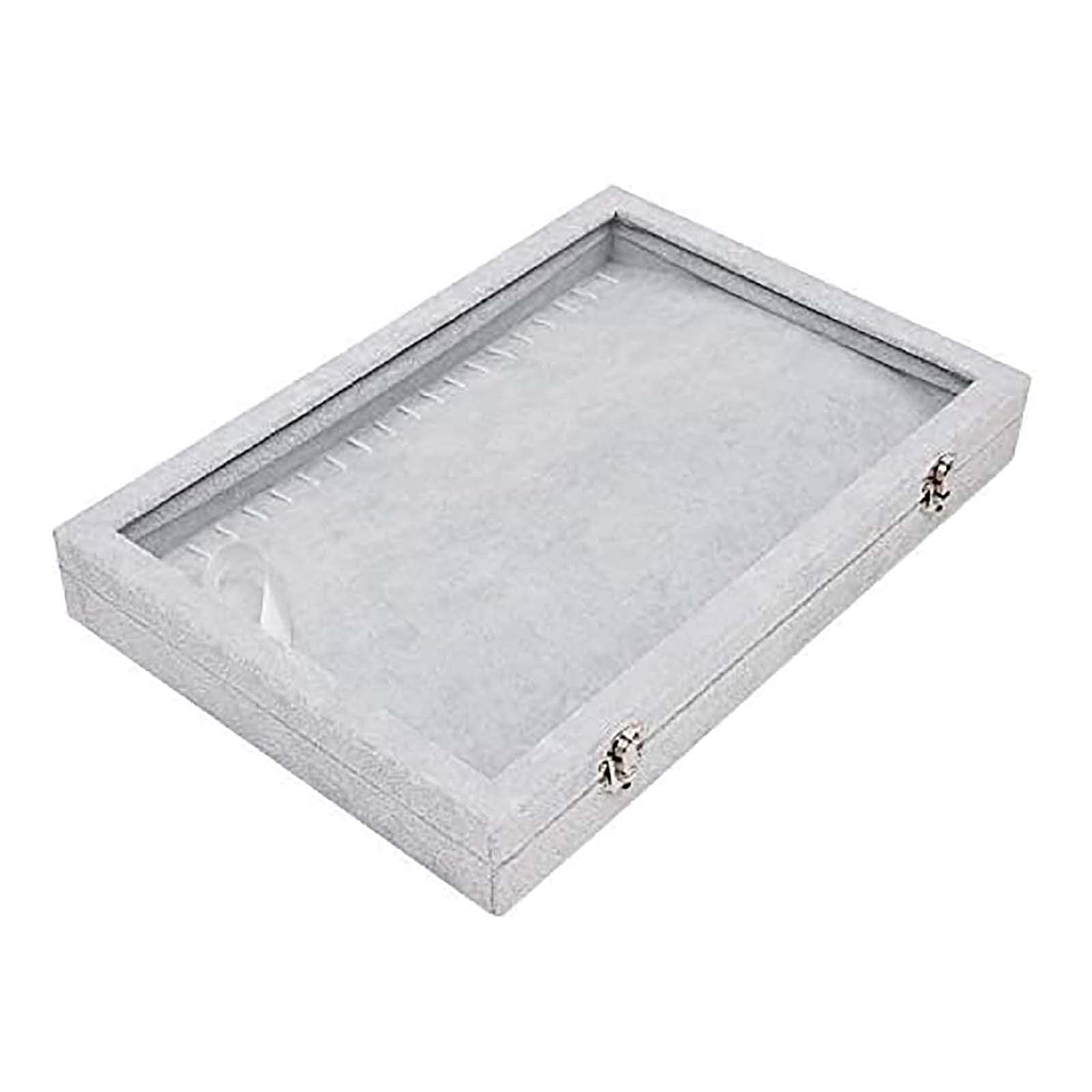 NZPOST Caja de almacenamiento para collares, caja expositora de terciopelo gris con 20 ganchos y tapa de cristal con cerradura, joyero f