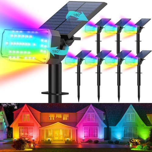Kipeini Solar Spot Lights Outdoor Waterproof IP65,[49 LEDs/8 Pack] RGB Christmas 7 Modes Color Changing Solar Spotlights, Adjustable Landscape Flood Powered Lights for Yard Garden Pathway(Multicolor)