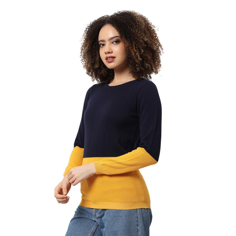 pinacolada Women's Sweater | Round Neck, Long Ribbed Sleeves, Pull On, Ribbed-Straight Hem | Colourblock Cotton-Blend Jacquard Material for Casual & Daily | Navy Blue & Mustard Yellow-picture-30