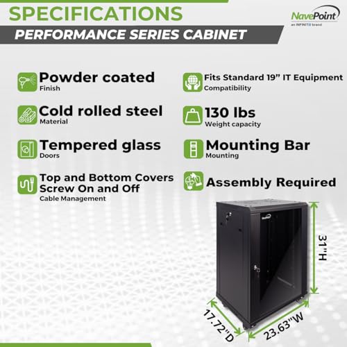 Image of NavePoint 15U Server Cabinet Wall Mount Rack Enclosure with Caster Wheels, Includes 2 Fans, Locking Glass Door, Removable Side Panels - 15U Network Cabinet 17.7 inch Deep, 19 inchServer Rack for IT Equipment