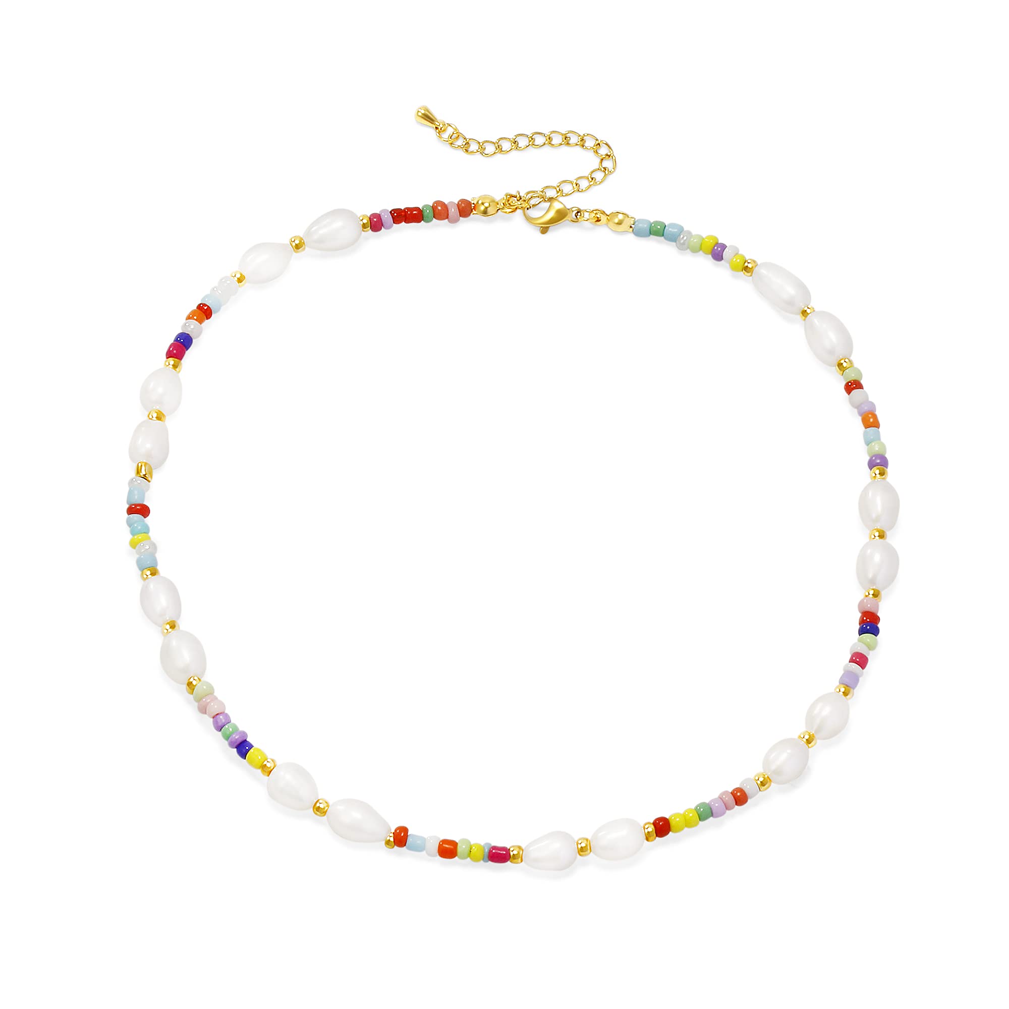 Wellike Freshwater Pearl Beaded Necklace for Women Handmade Boho Colorful Glass Beads Choker Necklace Stainless Steel 18K Gold Plated Bohemian Women Summer Jewelry Gifts