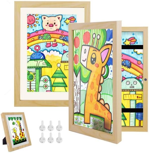 Hipsignal Kids Art Frames, 2 Pack A4 Photo Frame for 150 Pictures, Fillable Front Opening Kids Artwork Display Frame with Mount for Hang or Stand Display Children's Drawings, Art Projects (Wood)