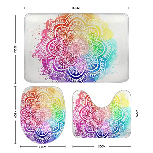 Baegutly WC-Deckelbezug, rutschfest, Konturenmatte, Badematte, Mandala, Regenbogenfarben, Blumenmuster, 3-teiliges Badezimmerteppich-Set – Bild 3
