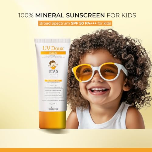 Image of Brinton UV Doux Junior Mineral Fluid Sunscreen SPF 50 for Babies & Kids | 100% Mineral Zinc Oxide | Chemical Filter Free | Fragrance Free | No White Cast | DermatologicallyTested | 50 g x 3