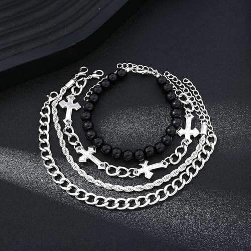 4 PCS Stainless Steel Cross Bracelets for Men Women Stainless Steel Cuban Link Bracelet Handmade Bead Link Punk Style Stackable Layered Cross Chain Bracelet Set Adjustable Punk Jewelry for Men4
