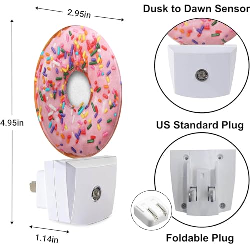 Image of Pink Donut Dusk to Dawn Night Light Sweets Snacks Donut with Sprinkles Night Lights Plug in into Wall Auto Sensor LED Lighting with for Women Girls Gift