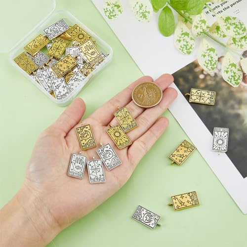 Dicosmetic 40pcs 5 Styles Tarot Card Charms Tibetan Style Alloy Pendants Golden and Silver Divination Rectangle Charms with Tarot Patterns Luck Amulet for DIY Jewelry Making Hole: 2mm - Image 3