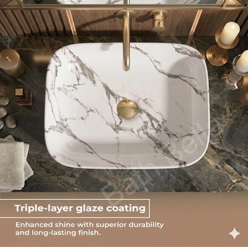 Image of Designer Ceramic Wash Basin For Bathroom | Over Counter Bathroom Basin | Counter Top Bathroom Sink | Wash Basin For Restaurant, Hotel (18 x13 x 5 Inch) (White Black Marble)
