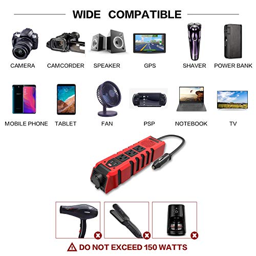 BYGD 150W Car Power Inverter DC 12V to 110V AC Converter with 3 Charger Outlets and Dual 2.4A USB Ports Cigarette Lighter Socket Adapter