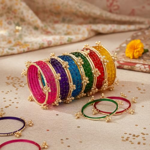 Image of Kashmiri Ghangharoo Glass Bangle Set for Women| Light Weight Bangles | Traditional Transparent Fancy Glass Chudi Set for Wedding, Party|Set Of 16(12 Glass + 4 ghungroo bangles)