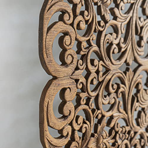 Queen Size Low Profile Headboard, Hand Carved Solid Teak Wood, Country House Wall Decorative Panels, Rustic Brown Color, 60X30 Inches #TOP3