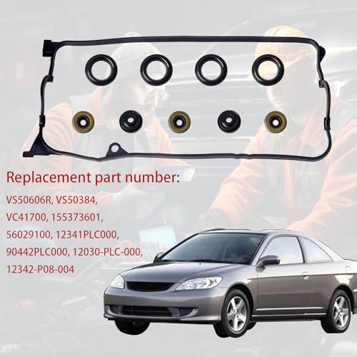 Image of VS50606R Valve Cover Gasket Kit for 2001-2005 Honda Civic 1.7L D17A | Gasket + 4 Plug Tube Seals + 5 Grommets. Replaces VS50384 VC4034 12030-PLC-000. Fixes Oil Leaks. DX LX EX HX GX V-TEC.
