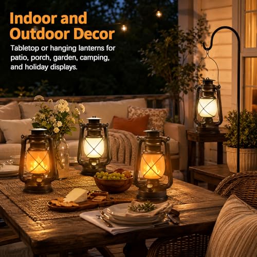 Image of Battery Powered Vintage LED Lanterns 4 Pack with Remote Control, 2 Lighting Modes Flickering Flame Steady Light, Hanging Lanterns for Patio Garden Porch Camping Indoor Outdoor Decor Halloween