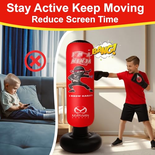 Image of Marwan Sports Ninja Kids Punching Bag - Inflatable Sensory Toy & Birthday Gift for Boys & Girls Ages 4-12, 63 inch Freestanding 5-in-1 Kit, Indoor Apartment-Quiet Sensory-Friendly Active Play