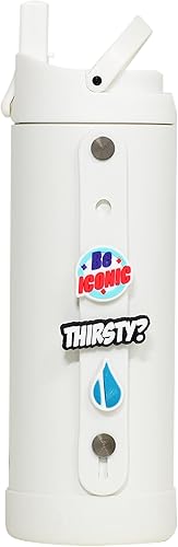 Elemental Iconic - Botella de agua para niños con tapa de popote y correa de dijes, a prueba de fugas cuando está cerrada, botella de agua