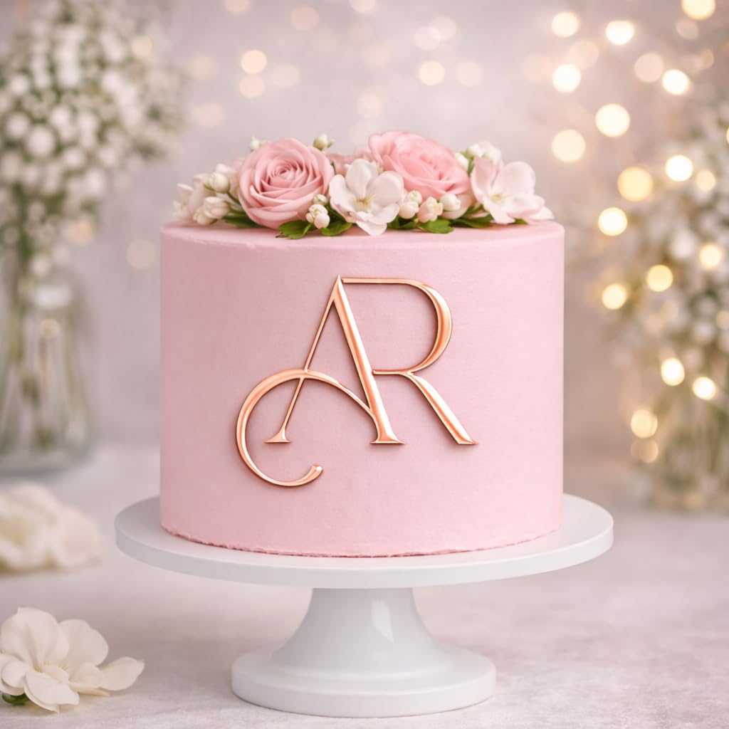 ZMR SHOP CRAFT Personalise Monogram Cake Topper, 3mm Thickness MultiColored Acrylic Initial Topper, Wedding and Birthday Decoration (Rose Gold)