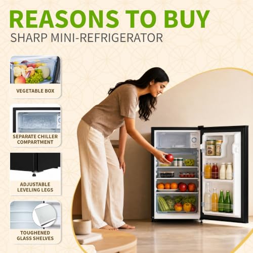 Image of SHARP 100L 1 Star Direct Cool Single Door Mini Bar Refrigerator with Chiller Freezer Box |Japan 7 Shield Protection|Vegetable Box|Toughend Glass shelvesI (Brush Black, SJ-MRD110N1-PBB, 2026 Model)