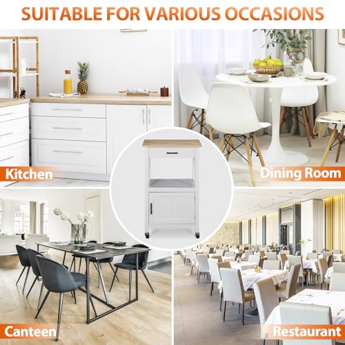 HomGarden Kitchen Island Cart with Solid Wood Top, Rolling Kitchen Table on Wheels with Storage Cabinet, Drawer, 3 Side Hooks for Dining Room, RV, Travel Trailer, Baking, Coffee Bar, White
