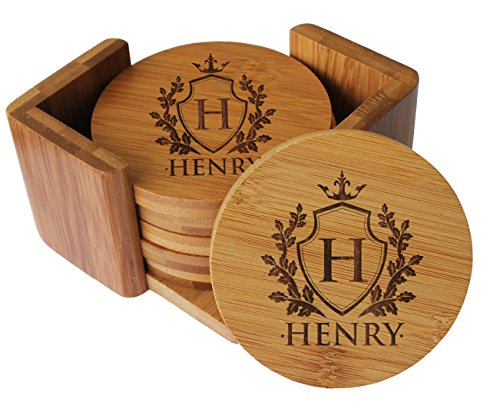 Personalized Coasters - Bamboo Coasters for Drinks with Holders - Round 7 Piece Set