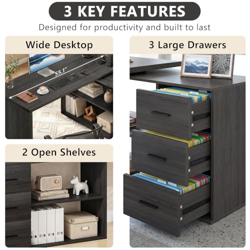 Image of HSH Dark Grey L Shaped Computer Corner Desk with 3 Storage Drawers 55 inch