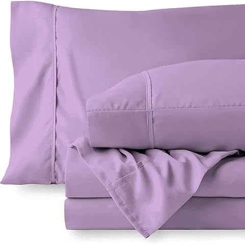 British-Linen 4 Piece Bedsheets Set - 100% Organic Cotton Sheets with 22" Inch Fitted Sheet Deep Pocket - Cooling & Breathable Soft Sheets and Pillowcases - Lavender Solid, Twin Size. Cover