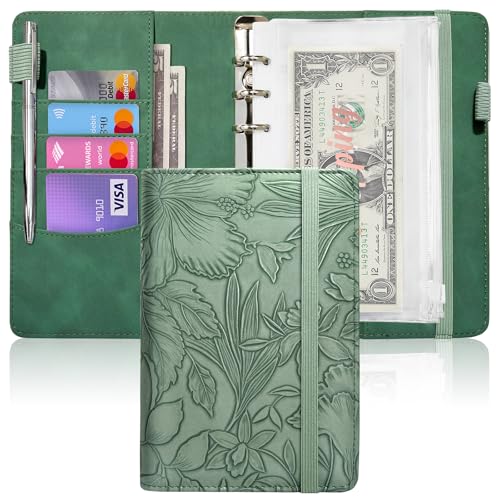 Image of A6 Budget Binder for Money Saving, PU Leather Budget Planner with 8 Cash Envelopes, Budget Sheets & Rose Gold Category Stickers, Money Organizer for Cash (Green Embossed Floral)