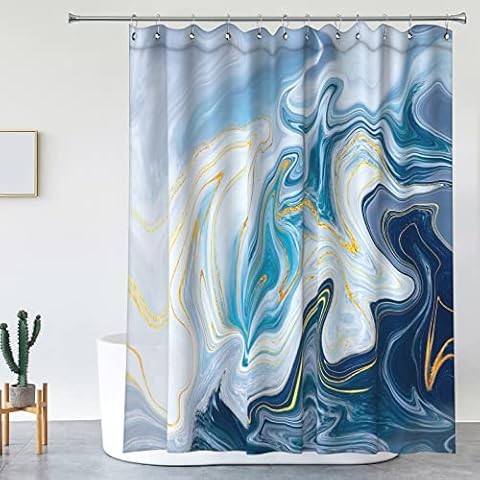 Colourful Marble Shower Curtain for Bathroom Sets Fabric with 12 Hooks, Watercolor Abstract Ink Digital Print, Blue Teal Jade Texture and Gold Stripes, Waterproof Washable Fabric, 72" x72"… Cover