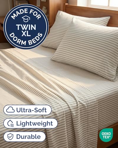 Image of Twin XL 4 Piece Sheet Set - College Dorm Room Essentials - Beige Stripes | Ultra Soft Dorm Bedding Set, 8 inch to 16 inch Inch Deep Pockets, 1 Flat & 1 Fitted Sheet & 2 Pillowcases, Wrinkle & Fade Free