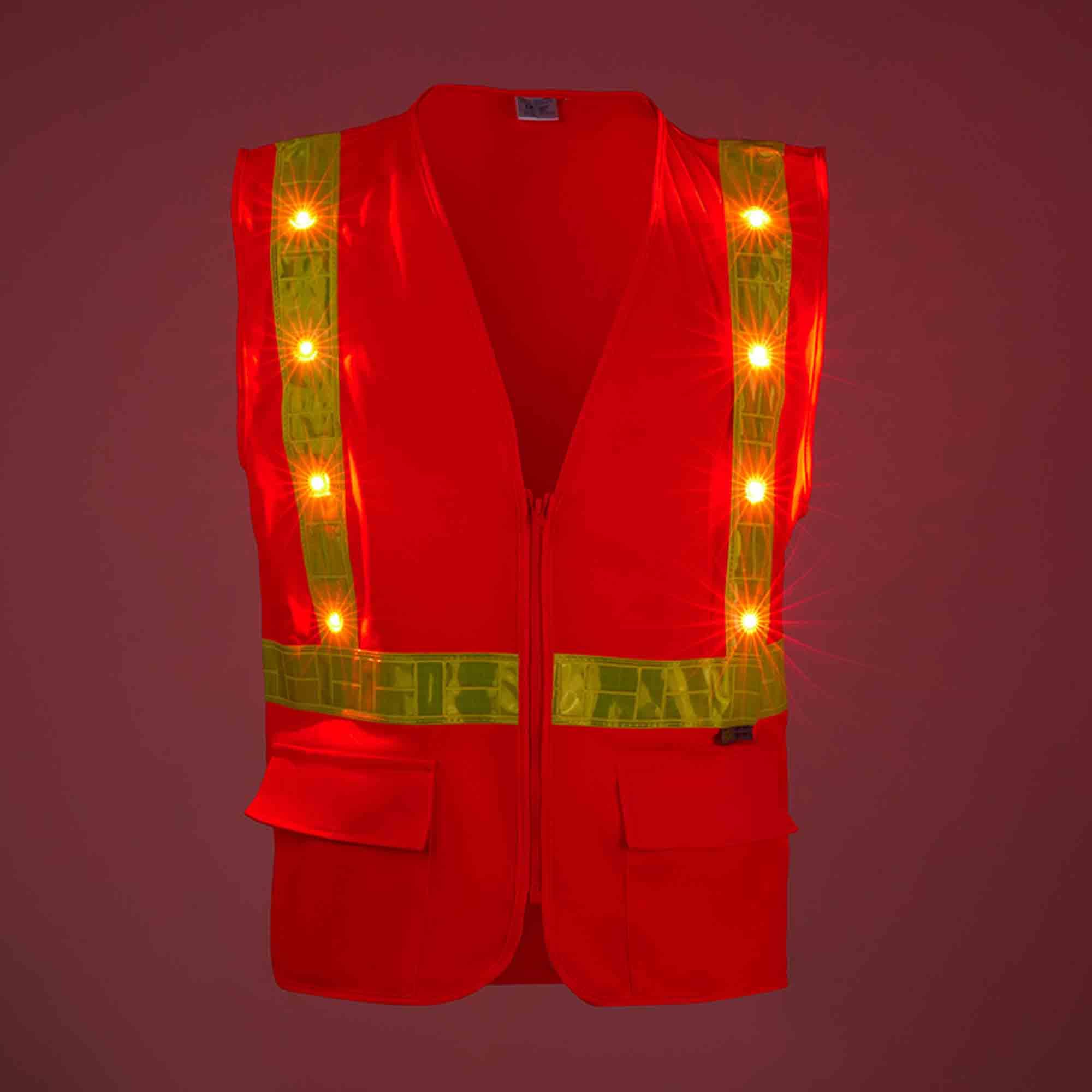 3C Products ANSI/ISEA Class 2 Hi-Vis LED Safety Vest 16 Bright LED Lights Yellow PVC Reflective, Zipper, Pockets (M, Orange)