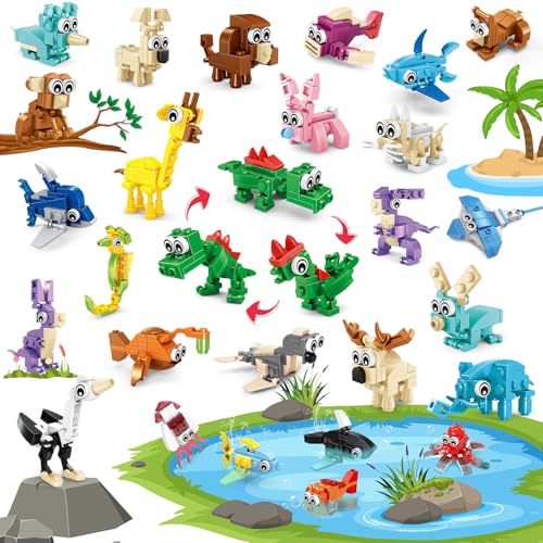IMCUAMK Building Sets 24 Packs Party Favors for Kids, 3 in 1, 72 Kinds of Transformable Animal Building Block Toy, Goodie Bag Stuffers, Classroom Student Prizes Christmas Birthday Gifts for Kid Age 6+